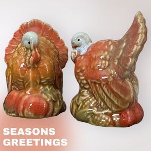 VTG Ceramic Turkey Salt & Pepper Shakers Thanksgiving 70's Red Orange Avocado